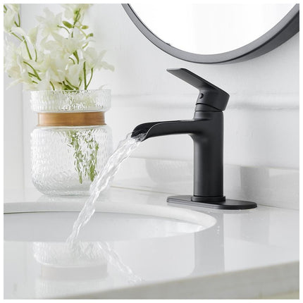 BWE Waterfall Single Handle Single Hole Modern Bathroom Faucet Bathroom Drip-Free Vanity Sink Faucet in Matte Black A-96071-B