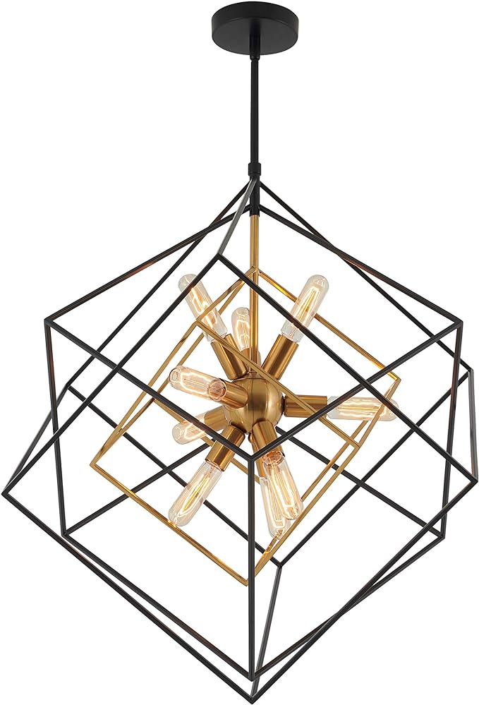 Artika CHMP-RN Imperium Mid Century Fixture 9-Light Chandelier 25W, Aged Brass Finish Accents, Black & Gold