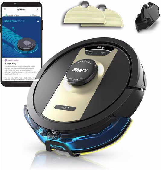 SHARK Shark RV2410WD IQ 2-in-1 Robot Vacuum & Mop with Matrix Clean & Sonic Mopping, Perfect for Pet Hair, Carpets, Hard Floors, Compatible with Alexa, Black/Gold, No Self-Empty Base