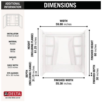 Delta Classic 500 60 in. W x 61.25 in. H x 30 in. D 3-Piece Direct-to-Stud Alcove Bathtub/Shower Surrounds in High Gloss White B23205-6030-WH
