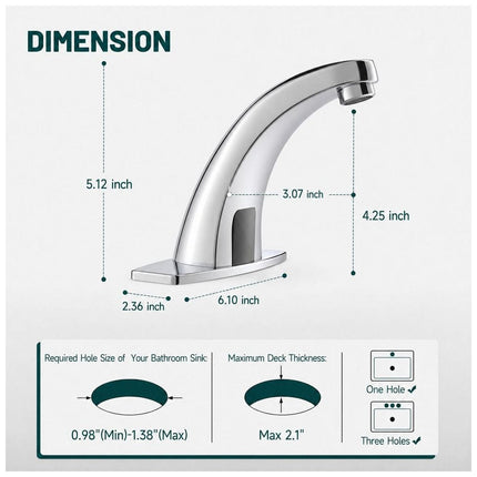 BWE Automatic Sensor No Handle Single Hole Bathroom Sink Faucet with Deck Plate and Touchless Sensor in Polished Chrome A-918102-C