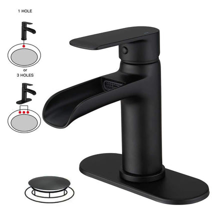 BWE Waterfall Single Handle Single Hole Modern Bathroom Faucet Bathroom Drip-Free Vanity Sink Faucet in Matte Black A-96071-B