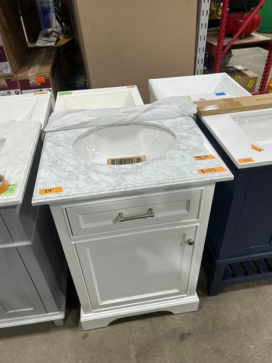 Windlowe 24 in. W x 22 in. D x 35 in. H Bath Vanity in White with Carrara Marble Vanity Top in White with White Sink