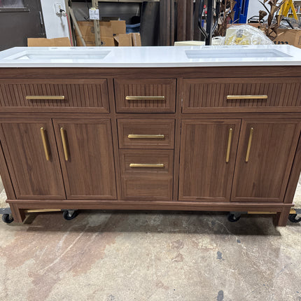 Riley 60 in. Double Sink Freestanding Spiced Walnut Bath Vanity with White Engineered Stone Top *Small Crack!*