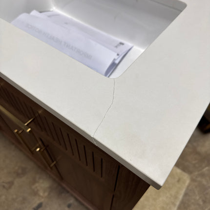Riley 60 in. Double Sink Freestanding Spiced Walnut Bath Vanity with White Engineered Stone Top *Small Crack!*