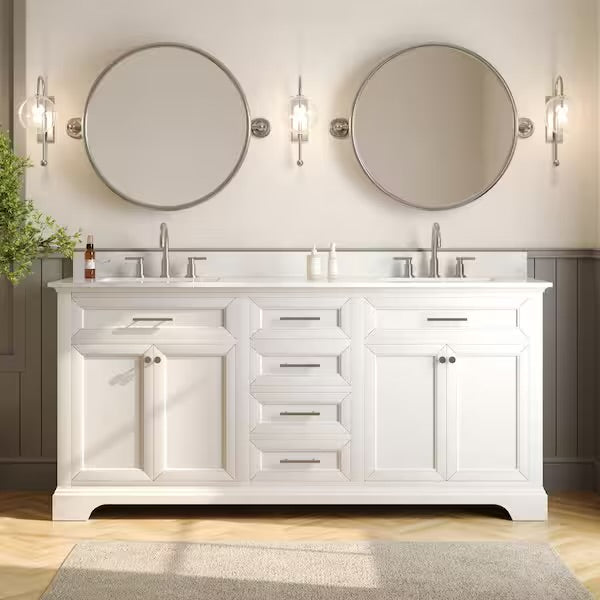 72 in. W Double Sink Freestanding White Wood Bath Vanity with White Engineered Marble Top