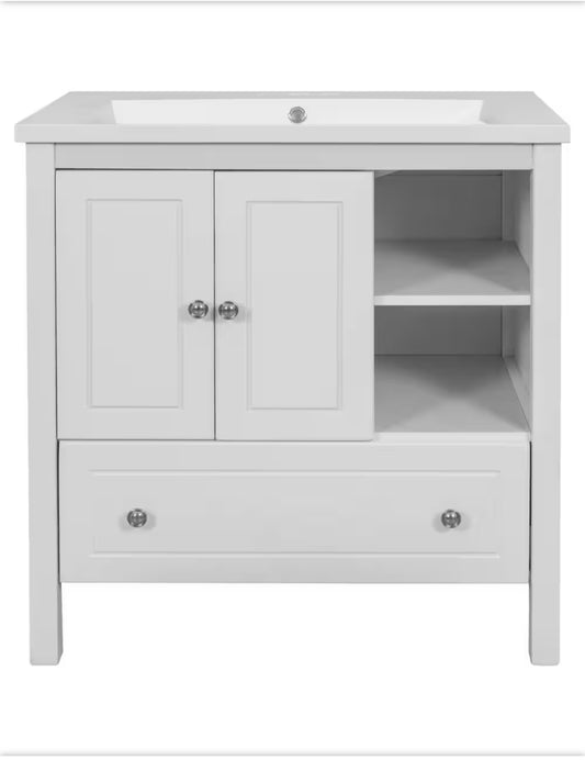 30 in. W x 18 in. D x 32.1 in. H. Solid Wood Frame Bath Vanity in White with Ceramic Top Sink - by Virubi ~