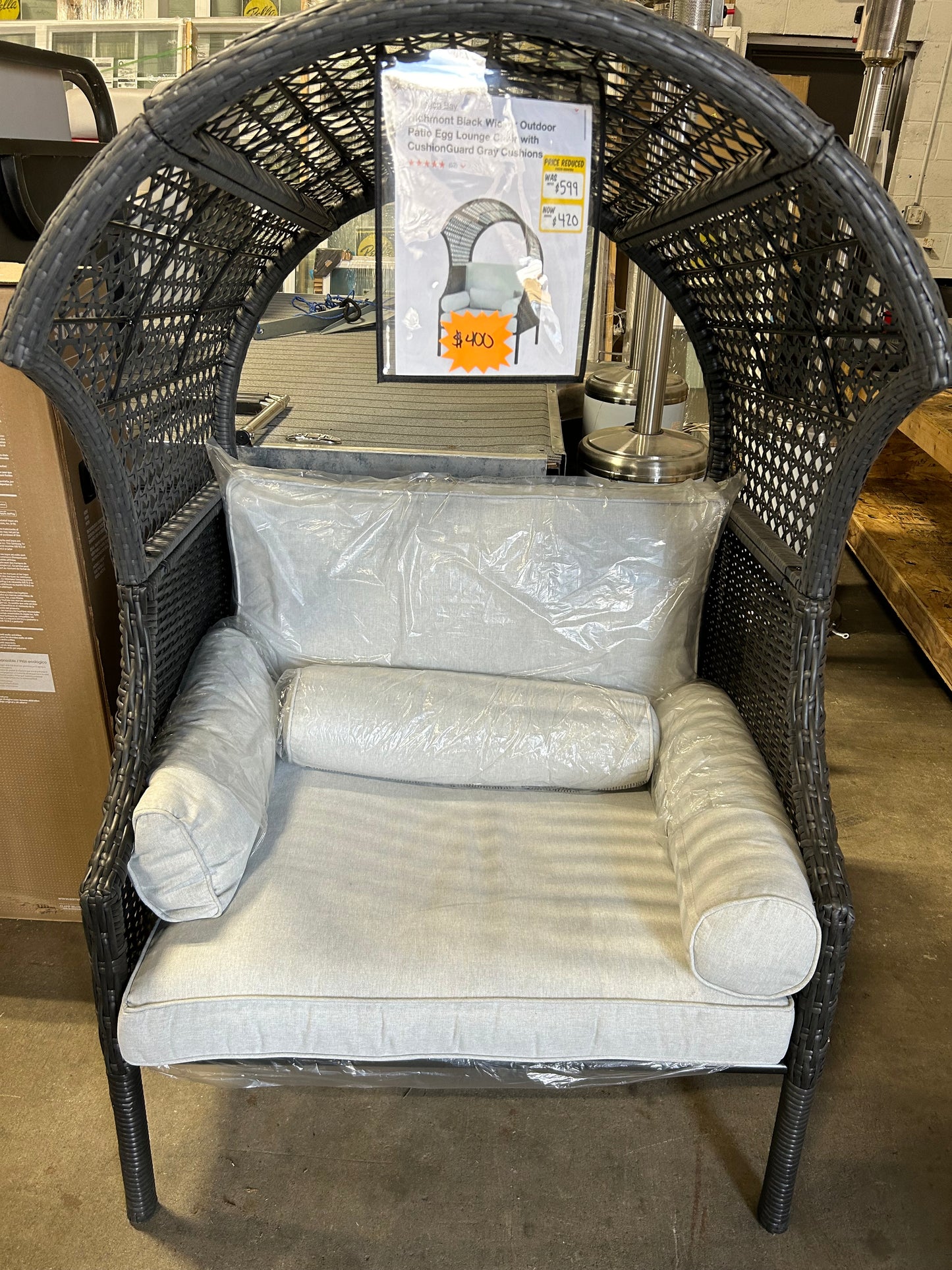 Richmont Black Wicker Outdoor Patio Egg Lounge Chair with CushionGuard Gray Cushions