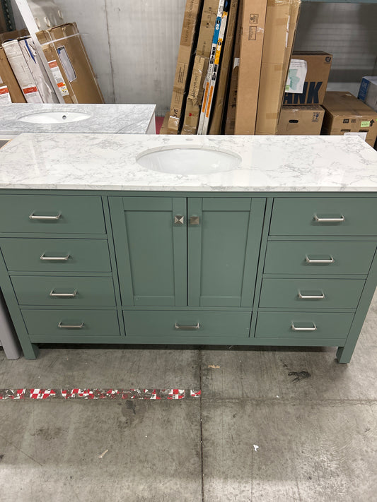 60" Single Bathroom Vanity with Sage Green Cabinet and Engineered Carrara Top