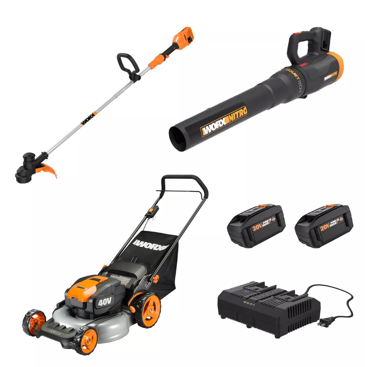 Worx 40v Combo, Includes 20" Push Mower, 13" String Trimmer, Quiet Tech Blower