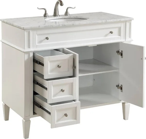 Park Avenue 40”W x 22”D x 35.5”H. inch White with Carrara White Marble Vanity Set