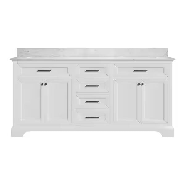 72 in. W Double Sink Freestanding White Wood Bath Vanity with White Engineered Marble Top