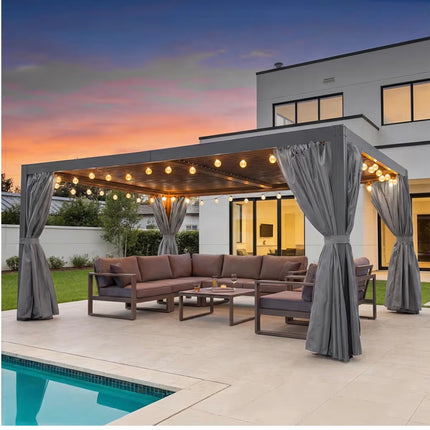 Domi 12 ft. x 16 ft. Louvered Pergola Aluminum Structure with Adjustable Roof, Curtains and Netting in Dark Gray