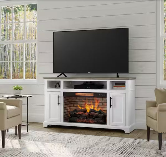 Hillrose 52 in. Freestanding Electric Fireplace TV Stand in White with Rustic Taupe Oak Top