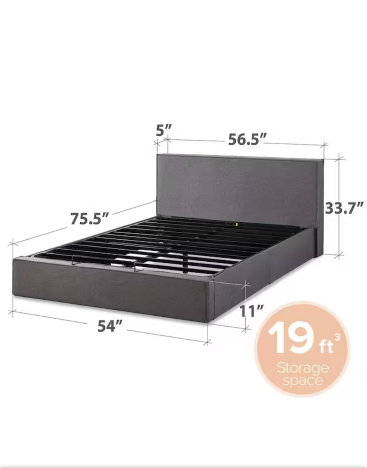 Zinus
Finley Dark Grey Upholstered Full Platform Bed Frame with Lifting Storage