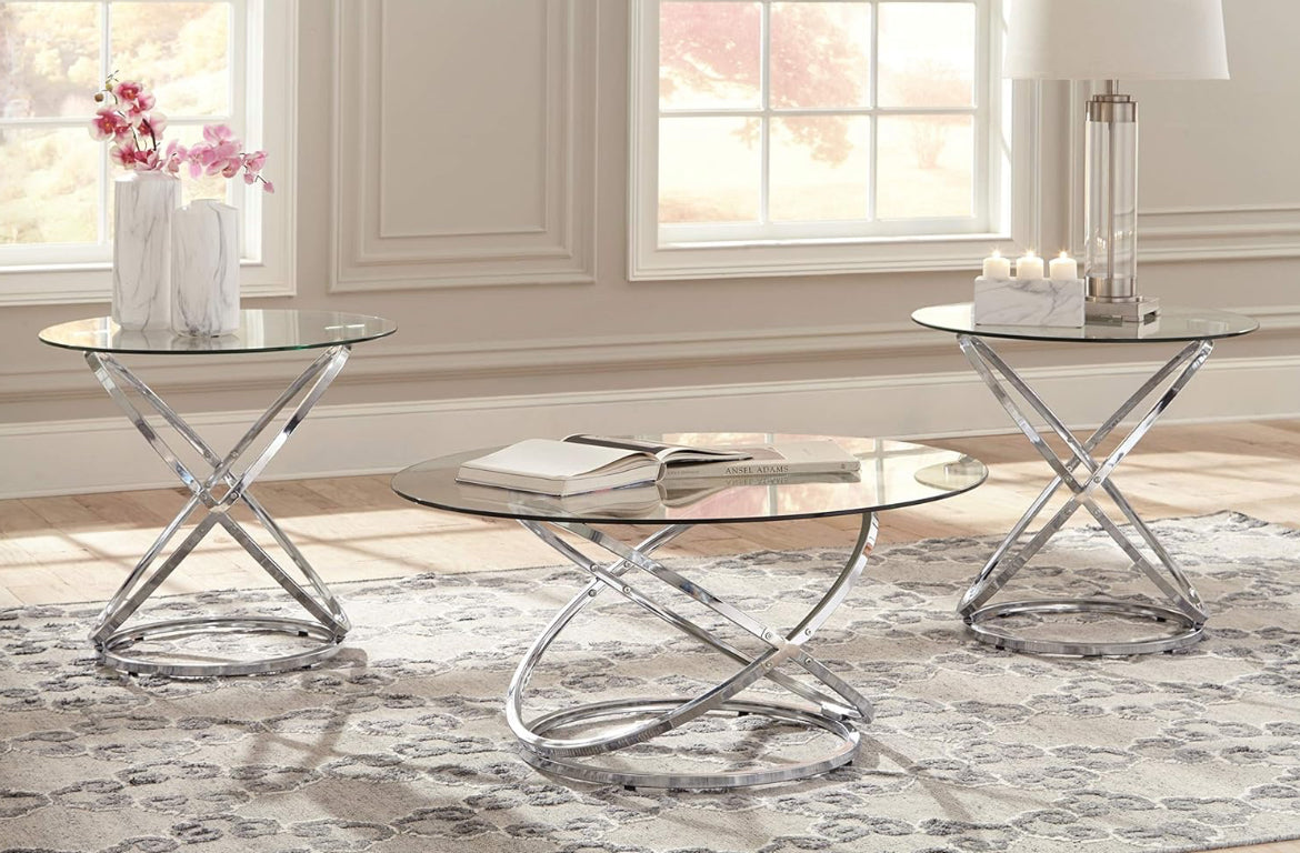 Signature Design by Ashley Hollynyx Contemporary Round 3-Piece Occasional Table Set, Includes Coffee Table and 2 End Tables, Chrome