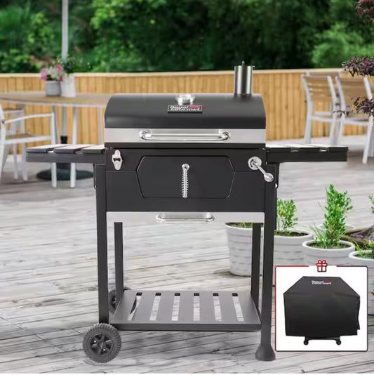 Charcoal Grill with 2 Side Table in Black Plus a Cover