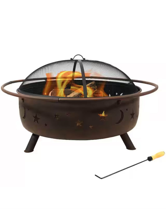 Cosmic 42 in. x 23 in. Large Round Steel Wood Burning Fire Pit with Spark Screen