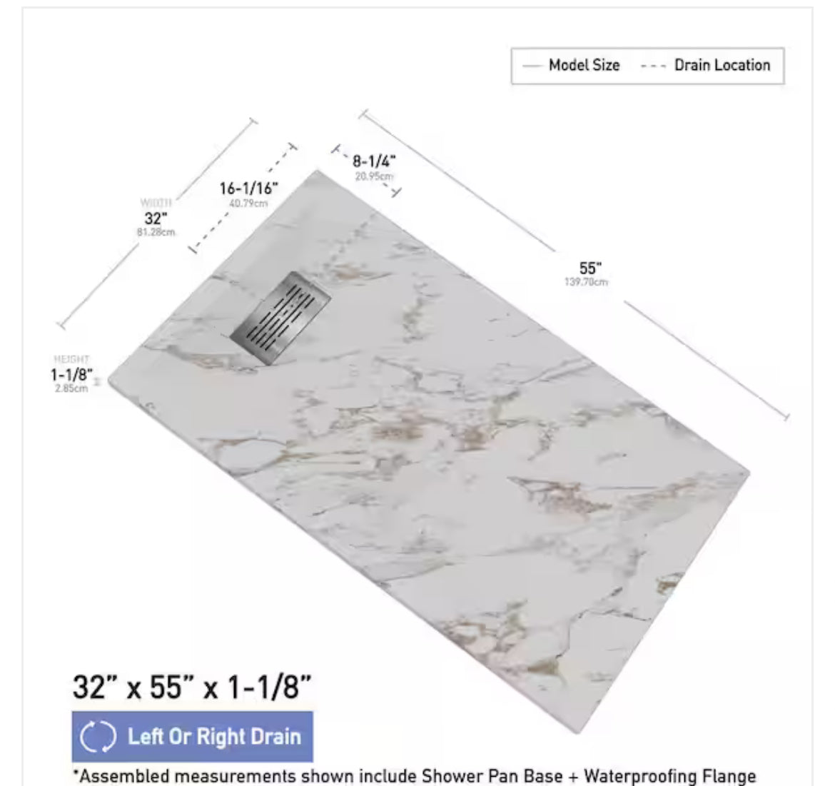 CASTICO - 55 in. L x 32 in. W x 1.125 in. H Solid Composite Stone Shower Pan Base with L/R Drain in Caramel Sand