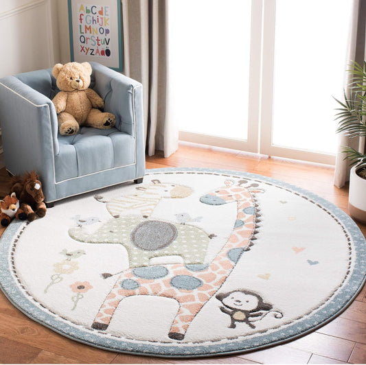 6ft 7in Round - SAFAVIEH Carousel Kids Collection Area Rug - Ivory, Animal Design, Non-Shedding & Easy Care, Ideal for High Traffic Areas for Boys & Girls in Playroom, Nursery, Bedroom (CRK120A)