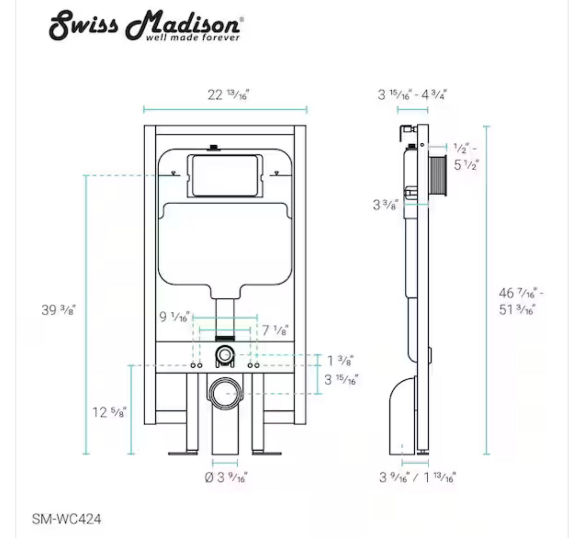 Concealed In-Wall Toilet Carrier System 2 in. x 4 in. for Wall-Hung 1.28 GPF Dual Flush Toilet Tank Only in Black - Swiss Madison