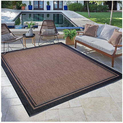 Gertmenian Indoor Outdoor Area Rug, Classic Flatweave, Washable, Stain & UV Resistant Carpet, Deck, Patio, Poolside & Mudroom, 8x10 Ft Large,Border Black Nut Brown