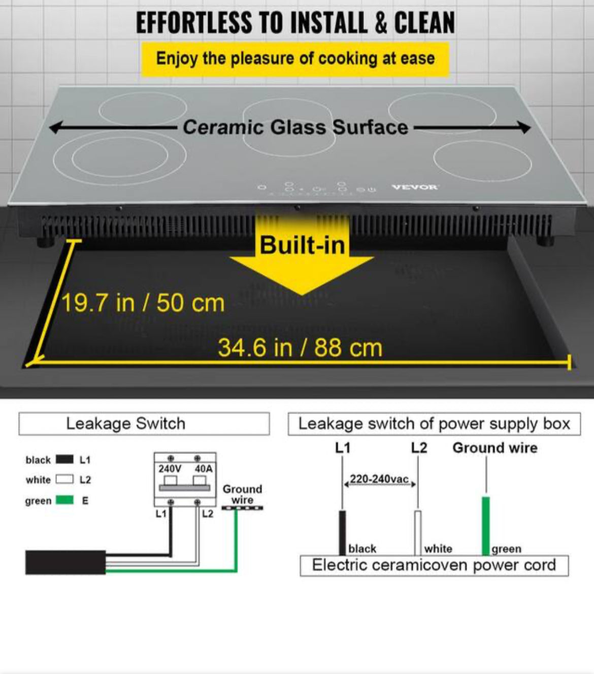 Built in Electric Stove Top 35.4 x 20.5 in. 5-Burners Ceramic Glass Radiant Cooktop with Timer and Child Lock, Vevor