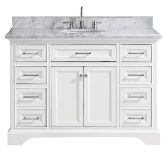 Windlowe 49 in. W x 22 in. D x 35 in. H Freestanding Bath Vanity in White with Carrara White Marble Top