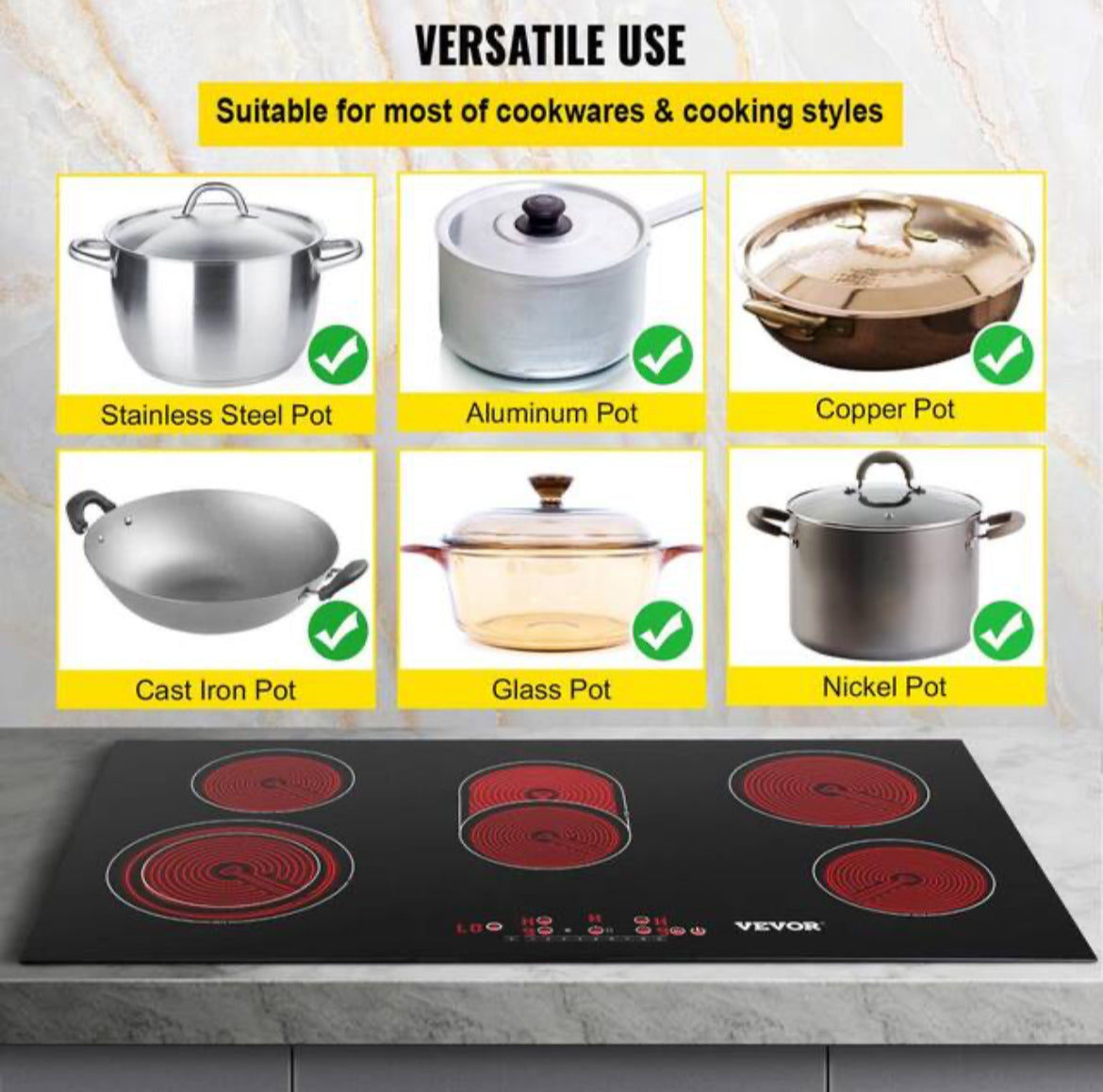 Built in Electric Stove Top 35.4 x 20.5 in. 5-Burners Ceramic Glass Radiant Cooktop with Timer and Child Lock, Vevor