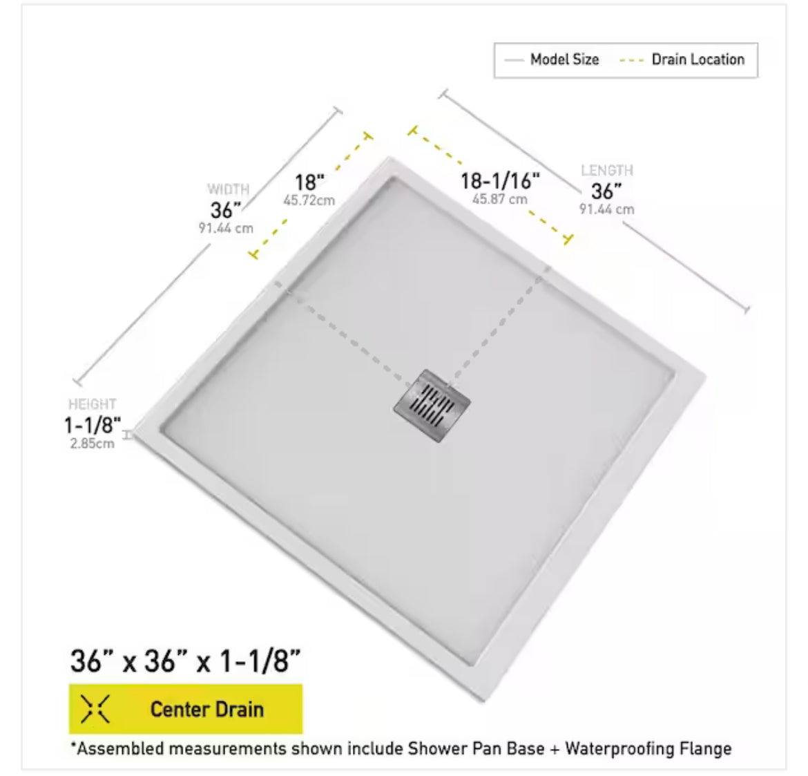 36 in. L x 36 in. W x 1.125 in. H Solid Composite Stone Shower Pan Base with Center Drain in White Sand - CASTICO