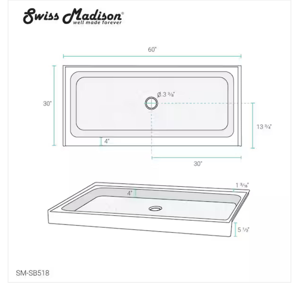 Swiss Madison -
Voltaire 60 in. x 36 in. Acrylic Single-Threshold Center Drain Shower Base in White