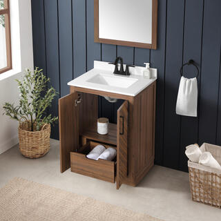 Glacier Bay Huckleberry 24 in. W x 19 in. D x 34 in. H Single Sink Bath Vanity in Spiced Walnut with White Engineered Stone Top