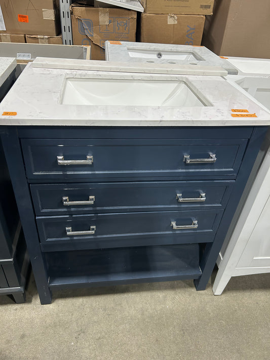 Everett 31 in. W x 22 in. D x 36 in. H Single Sink Freestanding Bath Vanity in Aegean Blue with Carrara Marble Top