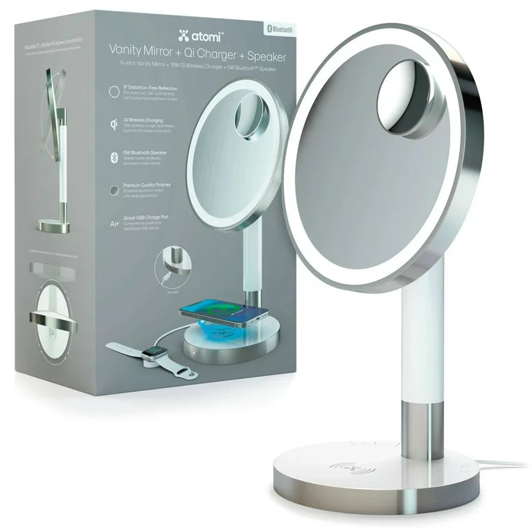 Atomi 9" LED Vanity Mirror with Qi Wireless Charging and Speaker