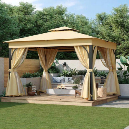 10 ft. W x 12 ft. L Outdoor Gazebo Tent with Double Roofs Patio Gazebo with Mosquito Netting and Privacy Screens, Beige