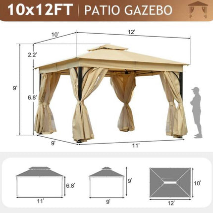 10 ft. W x 12 ft. L Outdoor Gazebo Tent with Double Roofs Patio Gazebo with Mosquito Netting and Privacy Screens, Beige