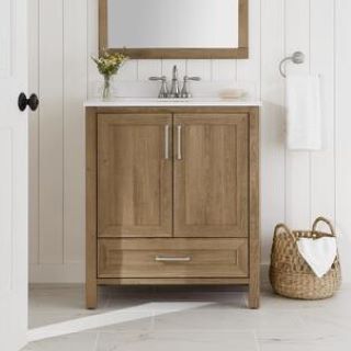 Home Decorators Collection Moorside 30 in. W x 19 in. D x 34 in. H Single Sink Bath Vanity in Sweet Maple with White Engineered Stone Top