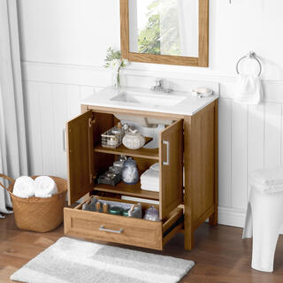 Home Decorators Collection Moorside 30 in. W x 19 in. D x 34 in. H Single Sink Bath Vanity in Sweet Maple with White Engineered Stone Top