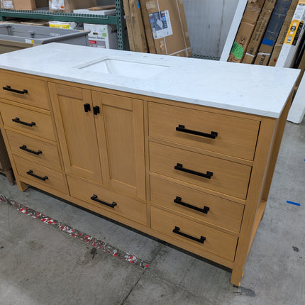 ARIEL Cambridge 60 in. Single Sink Freestanding Bathroom Vanity in Oak with Carrara White Quartz Top