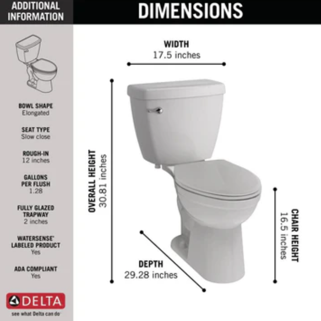 Delta Foundations 2-piece 1.28 GPF Single Flush Elongated Toilet in White