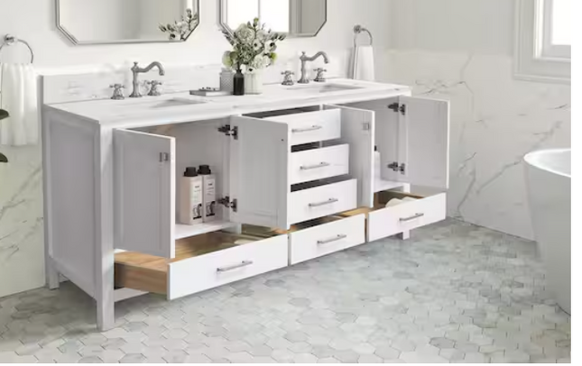 (AB) Bath Mist 72" Double Sink Freestanding Bath Vanity in White with White Engineered Top