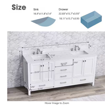 (AB) Bath Mist 72" Double Sink Freestanding Bath Vanity in White with White Engineered Top