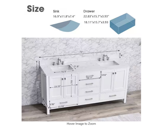 (AB) Bath Mist 72" Double Sink Freestanding Bath Vanity in White with White Engineered Top