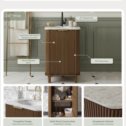 (AG) Havana 24" Vanity Brown Reeded Birch w/Carrara Marble Countertop