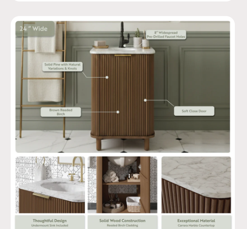 (AG) Havana 24" Vanity Brown Reeded Birch w/Carrara Marble Countertop