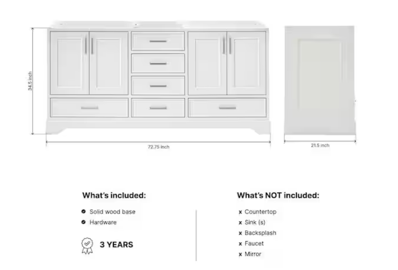 (AH) Ariel Stafford 72" Double Vanity in White