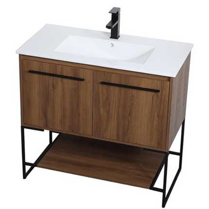 (AM) Elegant Decor Gerard 36" Single Porcelain Top Vanity in Walnut Brown