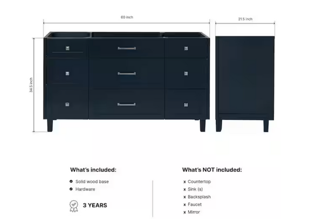 (AQ) Monroe 60" Double Vanity in Midnight Blue with Top