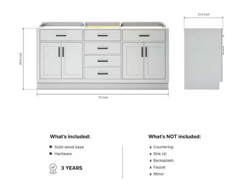 (AR) Ariel Hepburn 72" Vanity without Top +Sink in Gray
