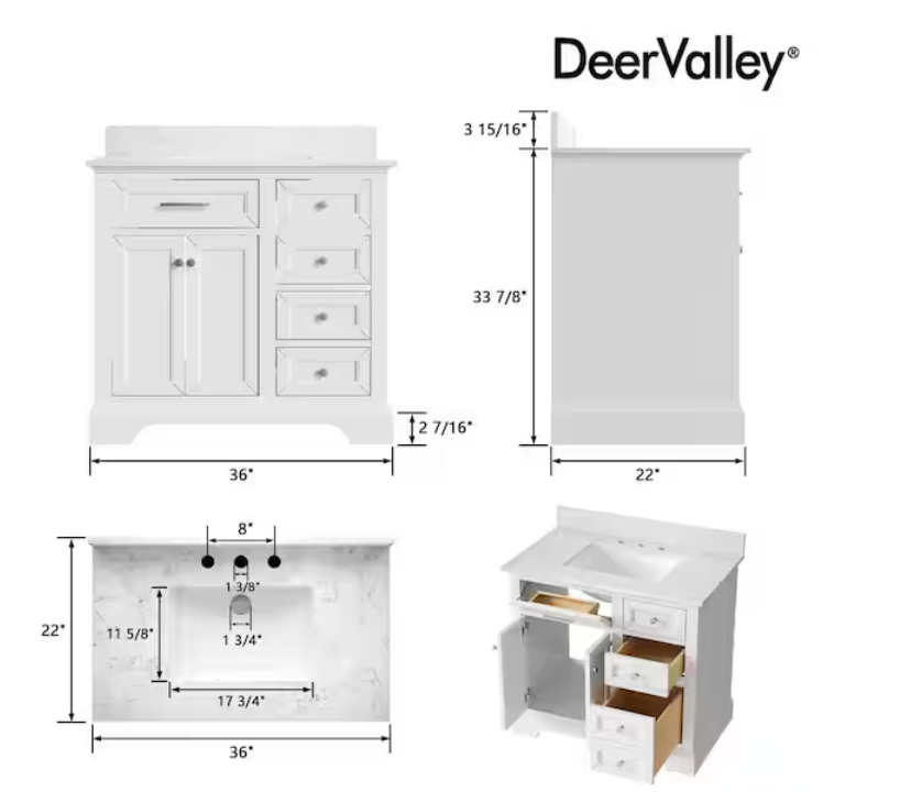 (AT) 36" Freestanding White Vanity